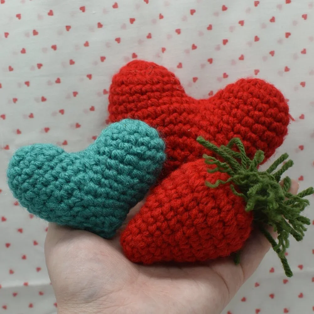 Crochet Catnip Hearts and Strawberry Valentines Day Cat Toys Bundle HANDCRAFTED